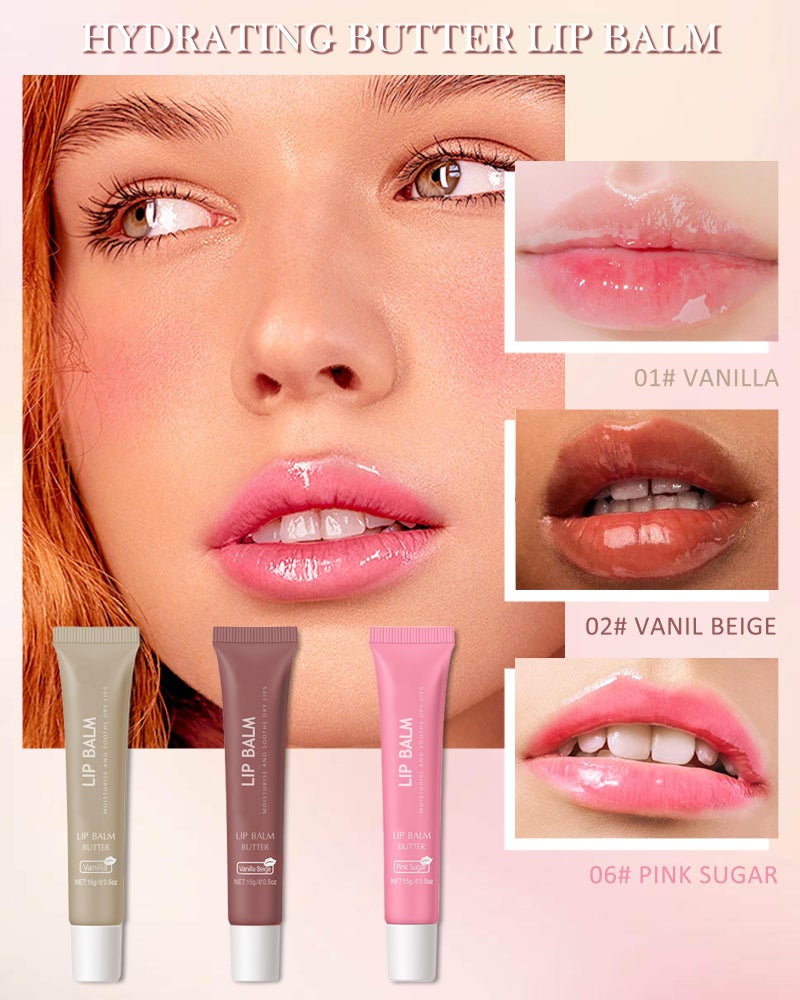 LYSdefeu Butter Tinted Lip Balm-3 Colors Vanilla Beige Brown Pink Sugar Lip Gloss,Clear Jelly Yummy Tint Lip Stain,Long Lasting Hydrating Glow Reviver Lip Care Oil, Christmas Makeup Gift for Women-Set A - Image 3