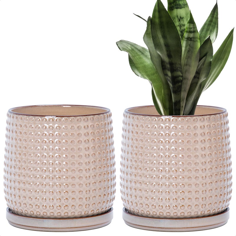 D'vine Dev Set of 2 Ceramic Plants Pots, 6 Inch Beaded Stoneware Flower Pot for Plants with Drainage Hole and Saucer, Light Brown, 27-E-X-4 - Image 1