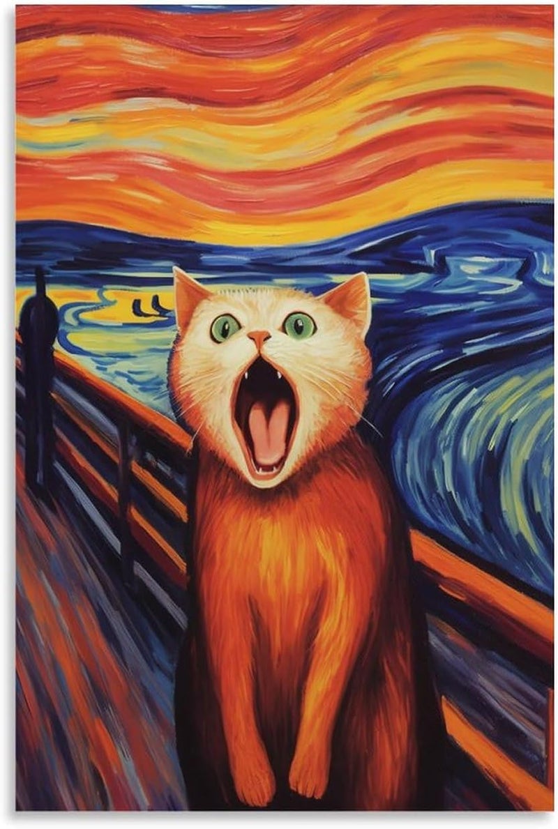 Home Trove Home trove Famous Canvas Print Funny Mona Lisa Cat Lover Painting Girl with A Pearl Earring Wall Art Starry Night Artwork Picture for Bedroom Decor (06-shouting,16x24inch-Unframe)  - Image 1