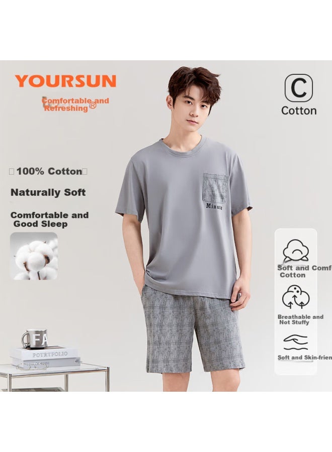 Your Sun Cool And Comfortable 100% Cotton Men's Summer Pajamas Set With Short Sleeve Top And Shorts Loose-fit Casual Men's Loungewear - Image 1