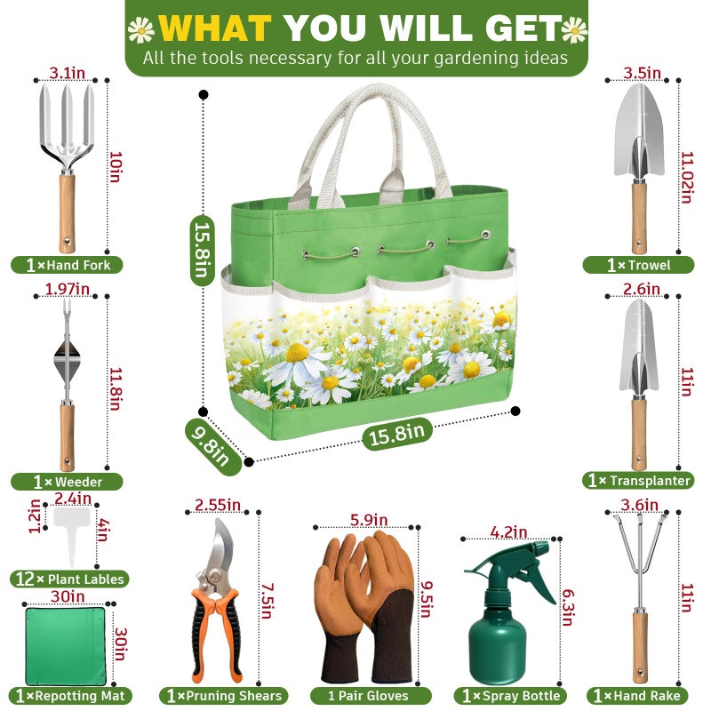 OUREST 22Pcs Garden Tools Set for Women,Heavy Duty Hand Tool Kit with Large Tote Bag/Repotting Mat/Trowel/Rake/Pruner/Gloves/Plant Tags,Gardening Gifts for Mom Gardener Beginner-Green - Image 2