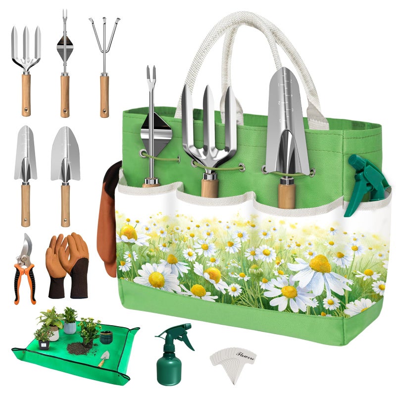 OUREST 22Pcs Garden Tools Set for Women,Heavy Duty Hand Tool Kit with Large Tote Bag/Repotting Mat/Trowel/Rake/Pruner/Gloves/Plant Tags,Gardening Gifts for Mom Gardener Beginner-Green - Image 1