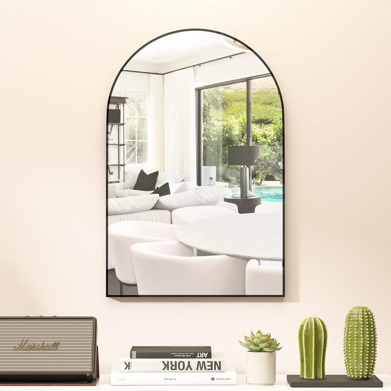 CASSILANDO مرآة حائط مقوسة، 50×75 سم مرآة حمام مقببة سوداء، مرآة مكياج كبيرة بإطار معدني، مرآة حائط مقوسة للمدخل، المدفأة، غرفة النوم (أسود) طبقة حماية خارجية - Image 5