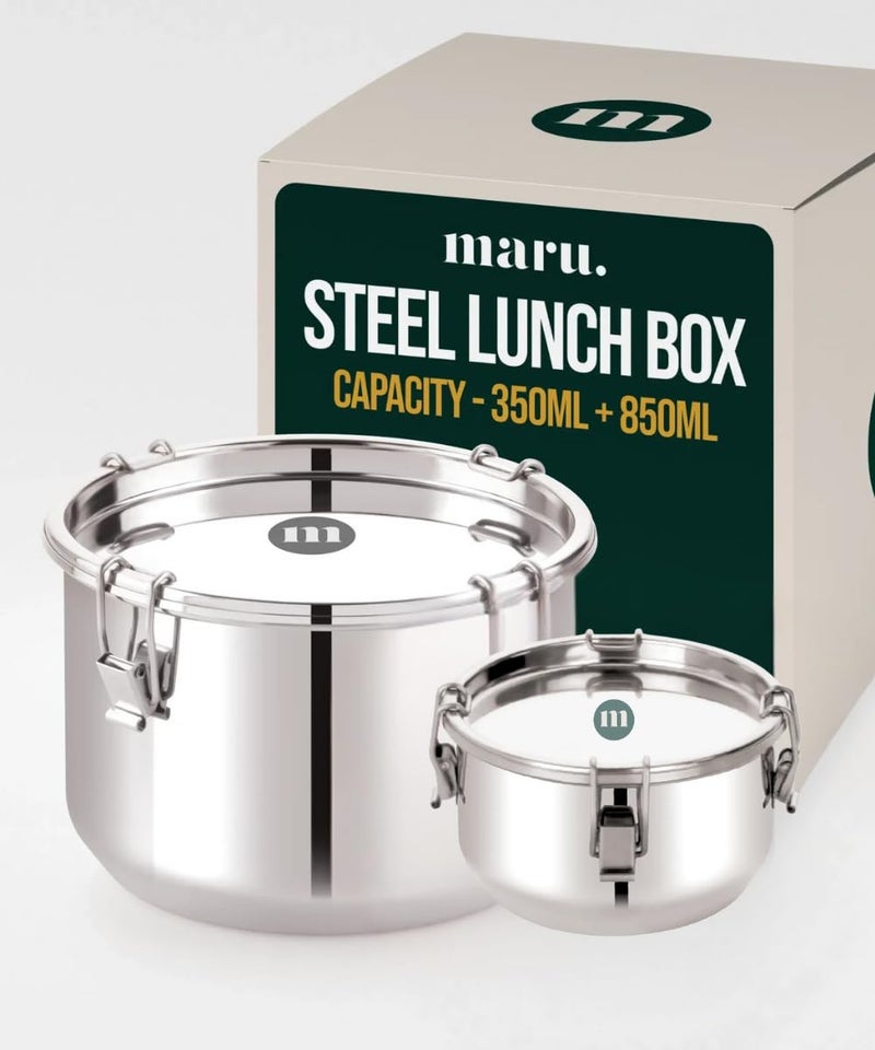 MARU Steel Big Leakproof Tiffin/Lunch Box for School/College/Office A Set of 2-350ml+850ml, Container Avoid Spilling of Curry & Liquid Items, Airtight Lunch Box is Perfect for Men/Women & Kids - Image 1