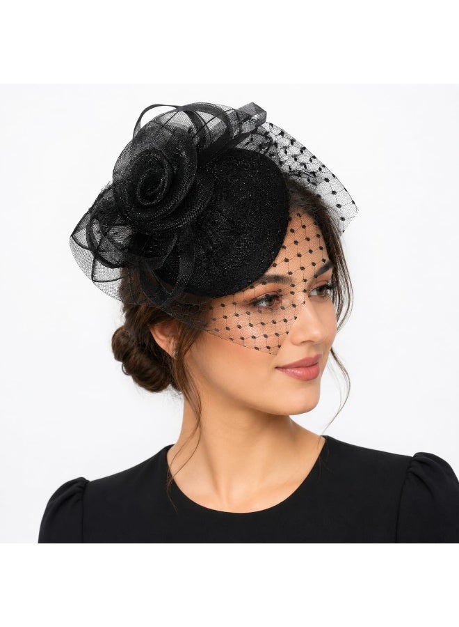 Imported black women's hat a vintage style piece featuring an elegant design with netting and a hair clip suitable for tea parties, cocktail events, weddings, and formal occasions - Image 1