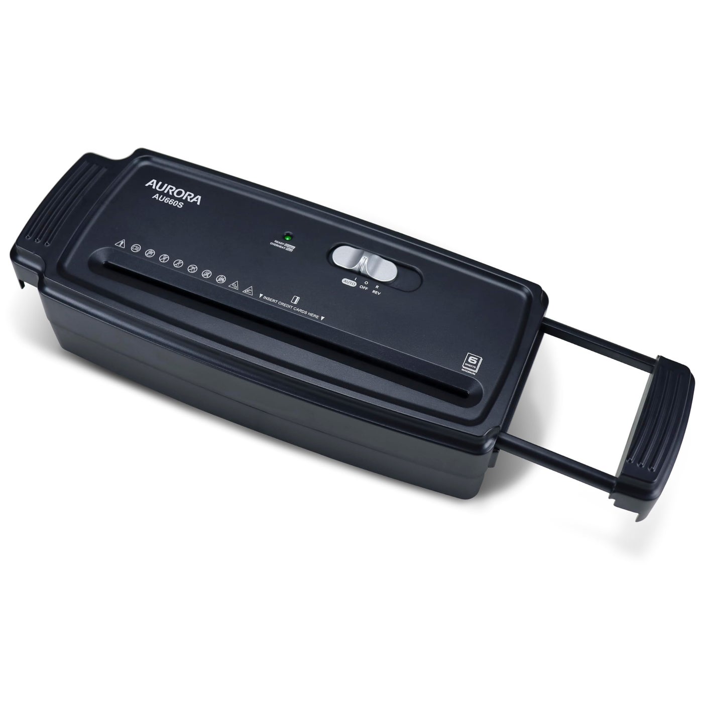 Aurora AU660S 6-Sheet Strip Cut Paper/Credit Card Shredder Without Wastebasket, Portable with Extendable Arm, Black