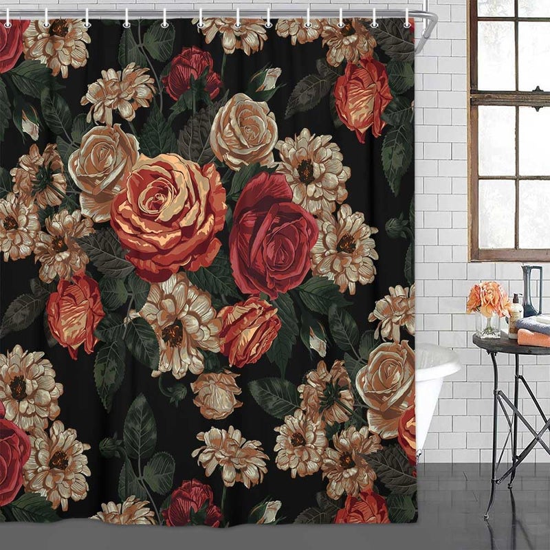 Drgilau Floral Shower Curtains  Vintage Floral Shower Curtain Set Red Flower Plants Bathroom Curtain  Boho Floral Bath Curtain Set with Hooks for Bathroom Decor 72X72 Inch - Image 2