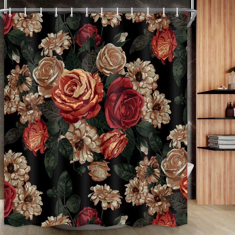Drgilau Floral Shower Curtains  Vintage Floral Shower Curtain Set Red Flower Plants Bathroom Curtain  Boho Floral Bath Curtain Set with Hooks for Bathroom Decor 72X72 Inch - Image 1