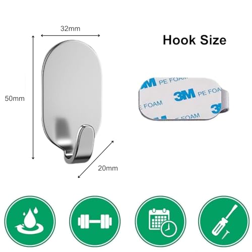 Ahamo Wall Hooks for Hanging Heavy Items - 5 Pack Stainless Steel Adhesive Hooks, No Drill Wall Hooks for Bathroom, Kitchen, Home (Silver) - Image 2
