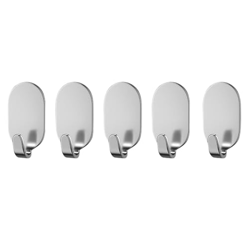 Ahamo Wall Hooks for Hanging Heavy Items - 5 Pack Stainless Steel Adhesive Hooks, No Drill Wall Hooks for Bathroom, Kitchen, Home (Silver) - Image 1