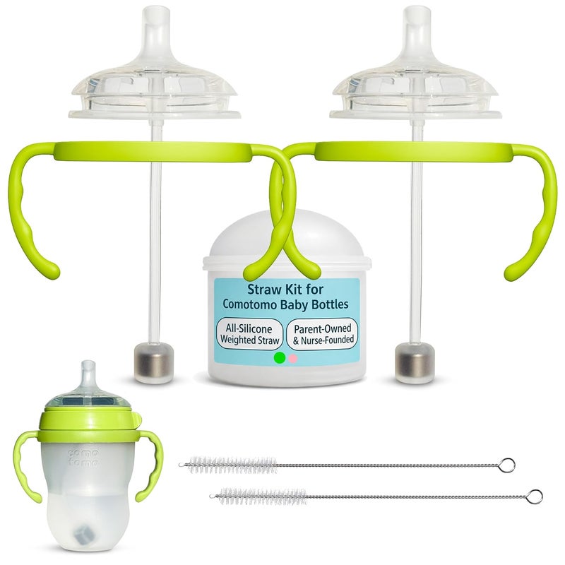 BelBeyo Straw Cup Conversion Kit for Comotomo Baby Bottles 2-Count, Food Grade Silicone Straw Nipples, All Silicone Weighted Straw, Bottle Handles and Cleaning Brush, BPA Free, 6+ Months (Straw Top, Green) - Image 1