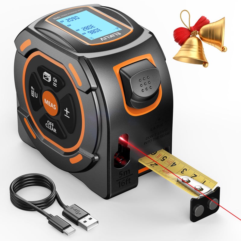 ELIKLIV شريط قياس ليزر 2 في 1 197 قدم مقياس مسافة ليزر 16 قدم شريط قياس رقمي مع شاشة LCD وضع فيثاغورس لحساب المساحة والحجم قابل لإعادة الشحن عبر USB-C للأعمال الخشبية والبناء - Image 2