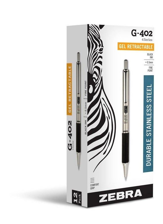 Zebra Pen - G-402 Retractable Gel Pen, Stainless Steel Barrel, Fine Point, 0.5Mm, Black Ink, 12-Pack - Image 1