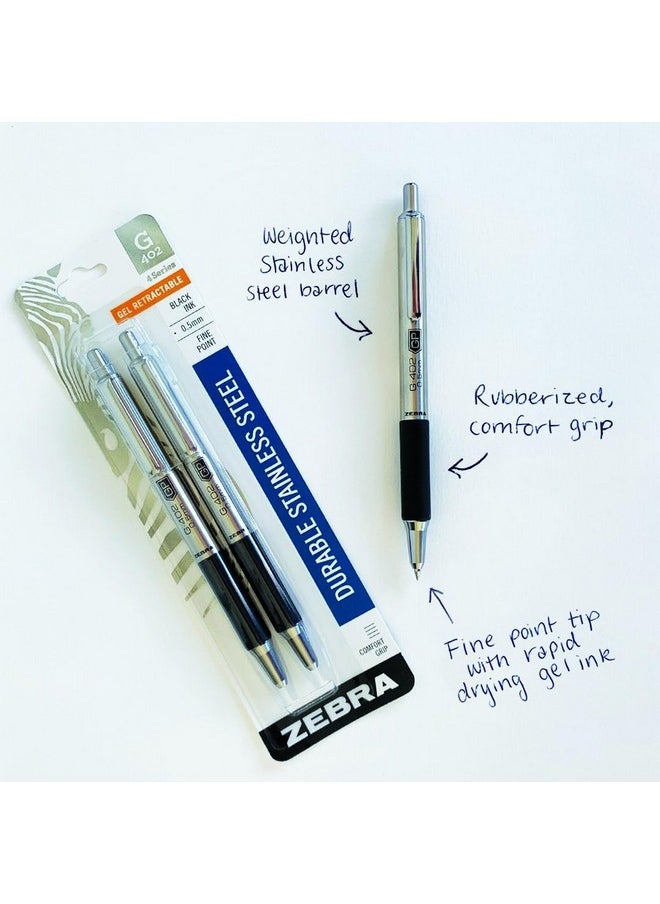 Zebra Pen - G-402 Retractable Gel Pen, Stainless Steel Barrel, Fine Point, 0.5Mm, Black Ink, 12-Pack - Image 1
