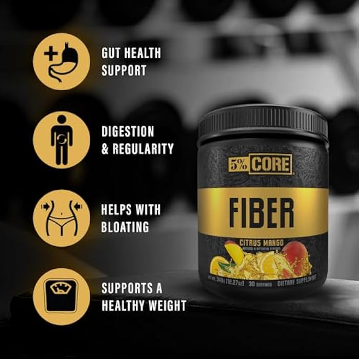 5% Nutrition Core Fiber Powder | Prebiotic Soluble High Fiber Blend Supplement, Sugar Free with Fibersol, Fructooligosaccharides (FOS), Polydextrose & Psyllium Husk | Citrus Mango Flavor, 30 Servings - Image 3