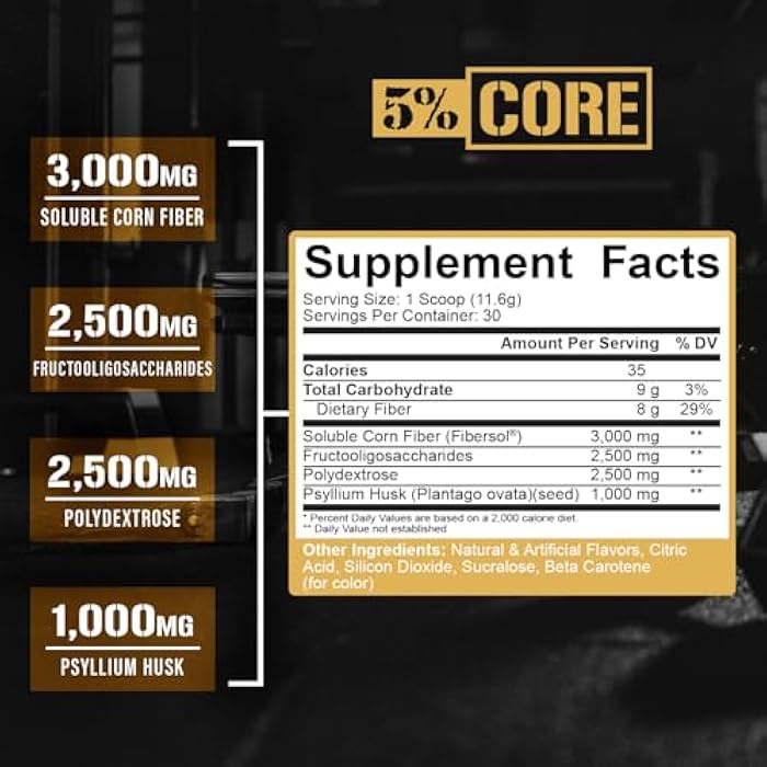 5% Nutrition Core Fiber Powder | Prebiotic Soluble High Fiber Blend Supplement, Sugar Free with Fibersol, Fructooligosaccharides (FOS), Polydextrose & Psyllium Husk | Citrus Mango Flavor, 30 Servings - Image 2