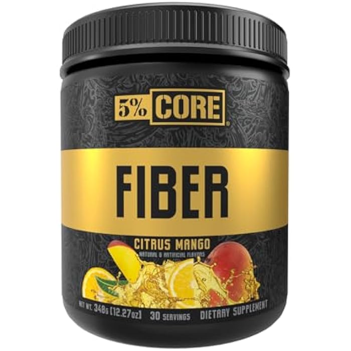 5% Nutrition Core Fiber Powder | Prebiotic Soluble High Fiber Blend Supplement, Sugar Free with Fibersol, Fructooligosaccharides (FOS), Polydextrose & Psyllium Husk | Citrus Mango Flavor, 30 Servings - Image 1