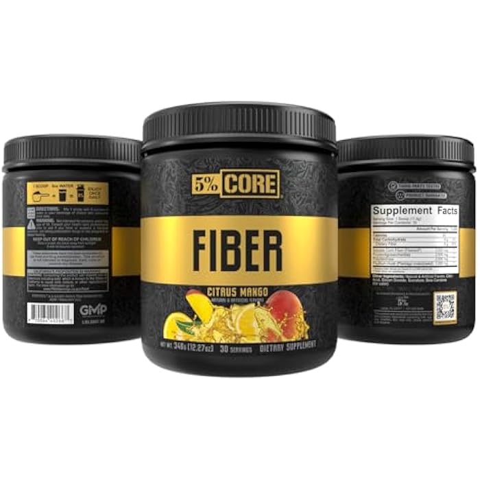 5% Nutrition Core Fiber Powder | Prebiotic Soluble High Fiber Blend Supplement, Sugar Free with Fibersol, Fructooligosaccharides (FOS), Polydextrose & Psyllium Husk | Citrus Mango Flavor, 30 Servings - Image 5