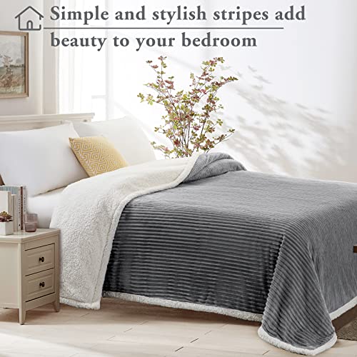 LBRO2M Striped Sherpa Fleece Bed Blanket Queen Size Super Soft Fuzzy Plush Warm Cozy Fluffy Microfiber Couch Throw Velvet Double Reversible Luxurious Blankets 90x90Grey - Image 3