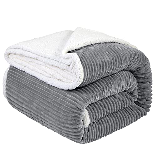 LBRO2M Striped Sherpa Fleece Bed Blanket Queen Size Super Soft Fuzzy Plush Warm Cozy Fluffy Microfiber Couch Throw Velvet Double Reversible Luxurious Blankets 90x90Grey - Image 1