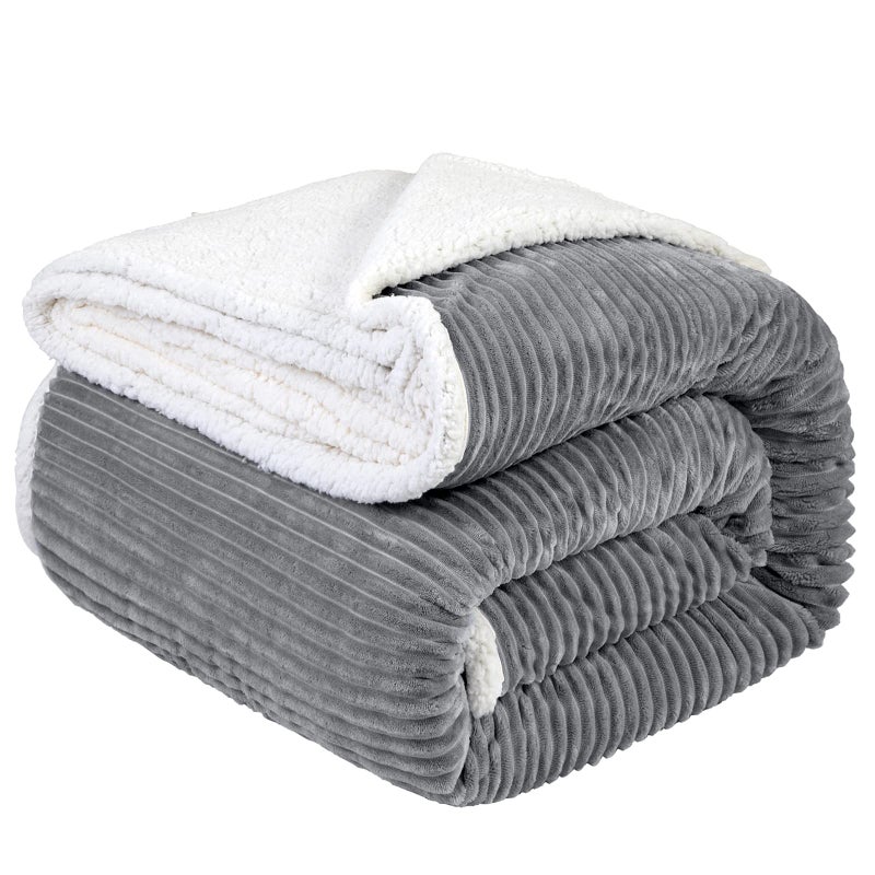 LBRO2M Striped Sherpa Fleece Bed Blanket Queen Size Super Soft Fuzzy Plush Warm Cozy Fluffy Microfiber Couch Throw Velvet Double Reversible Luxurious Blankets 90x90Grey - Image 2