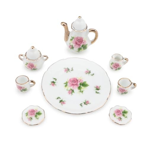 Cutemini Dollhouse 16 Porcelain Tea Cup Sets 8 Pcs Set Miniature Ceramics Dollhouse Accessories Flower Pattern Teapot Platter Dish Sets Dollhouse Kitchen Supplies Decoration Little Rose - Image 1
