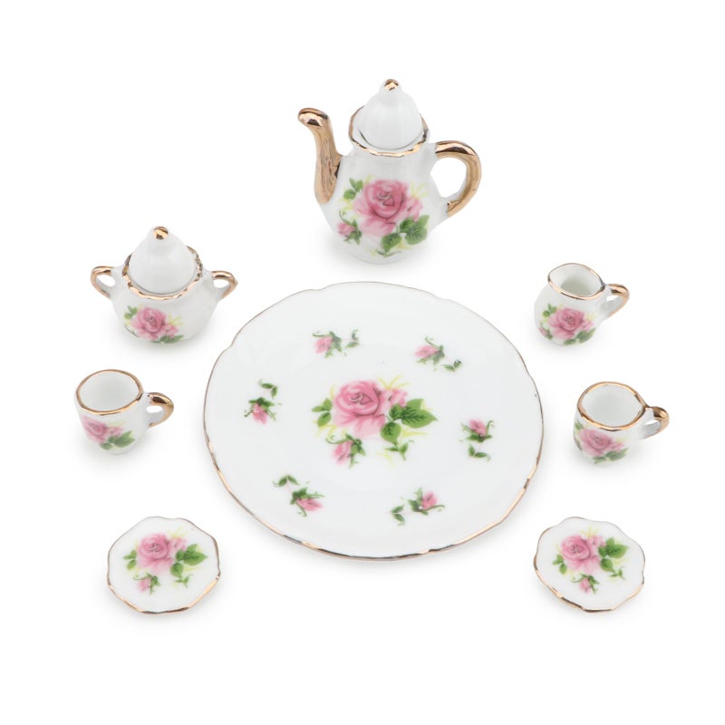 Cutemini Dollhouse 16 Porcelain Tea Cup Sets 8 Pcs Set Miniature Ceramics Dollhouse Accessories Flower Pattern Teapot Platter Dish Sets Dollhouse Kitchen Supplies Decoration Little Rose - Image 3