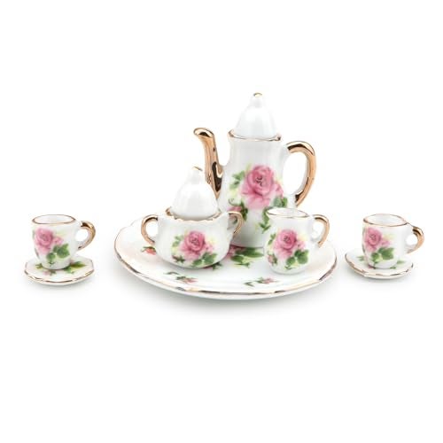 Cutemini Dollhouse 16 Porcelain Tea Cup Sets 8 Pcs Set Miniature Ceramics Dollhouse Accessories Flower Pattern Teapot Platter Dish Sets Dollhouse Kitchen Supplies Decoration Little Rose - Image 5