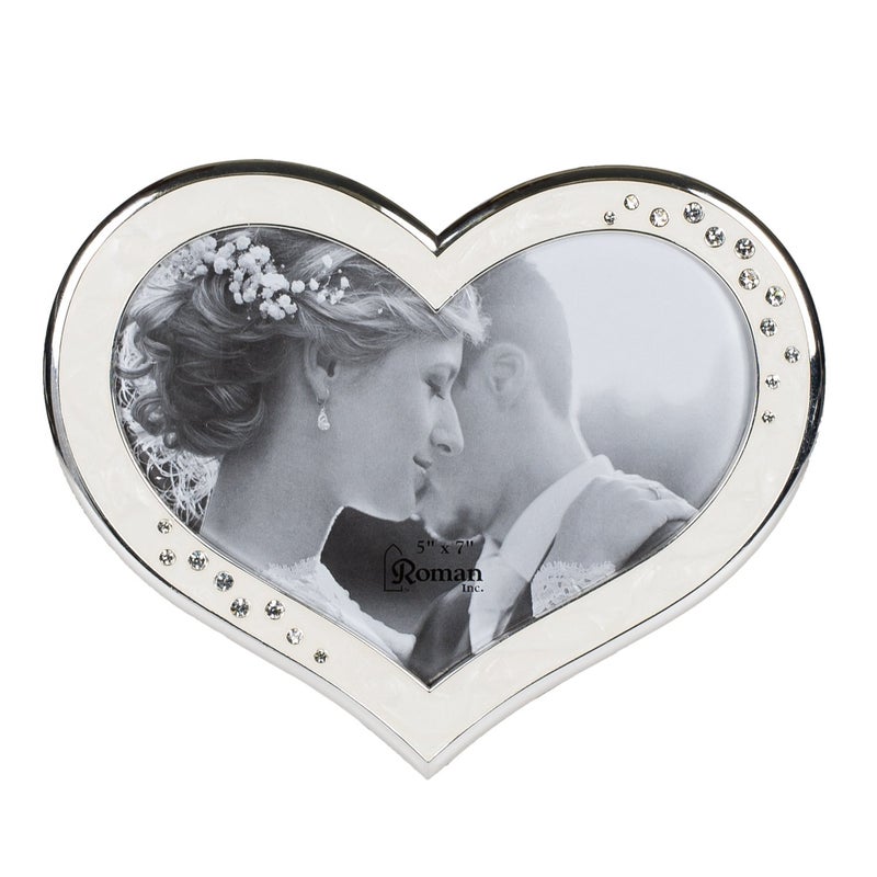 Roman Clustered Rhinestones Heart Shaped 6.5 x 8 inch Zinc Alloy Table Top Photo Frame Ivory - Image 1