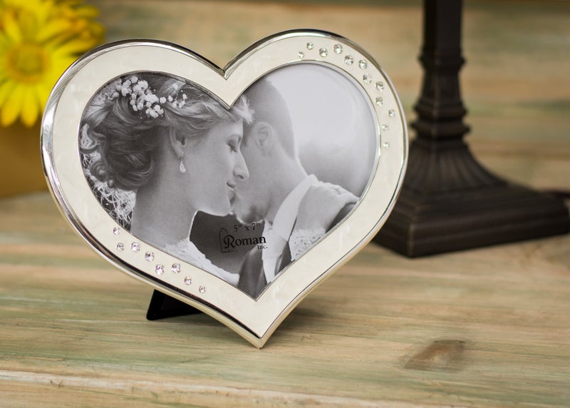 Roman Clustered Rhinestones Heart Shaped 6.5 x 8 inch Zinc Alloy Table Top Photo Frame Ivory - Image 4