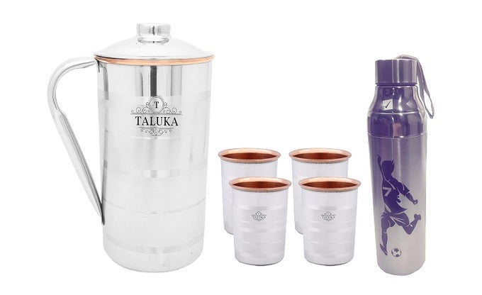 STAINLESS STEEL COPPER JUG 2000 ML FOR DRINKING WATER WITH 4 STEEL COPPER GLASS 350 ML AND 1 STEEL BOTTLE WATER STORAGE