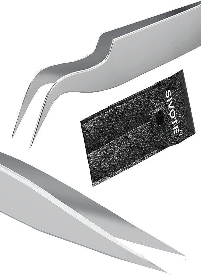 Sivote Eyelash Tweezers, 2-Pack, Hand Calibrated Straight and Curved Tips, Stainless Steel Lash Tweezers for Eyelash Extensions, Matte Silver - Image 1