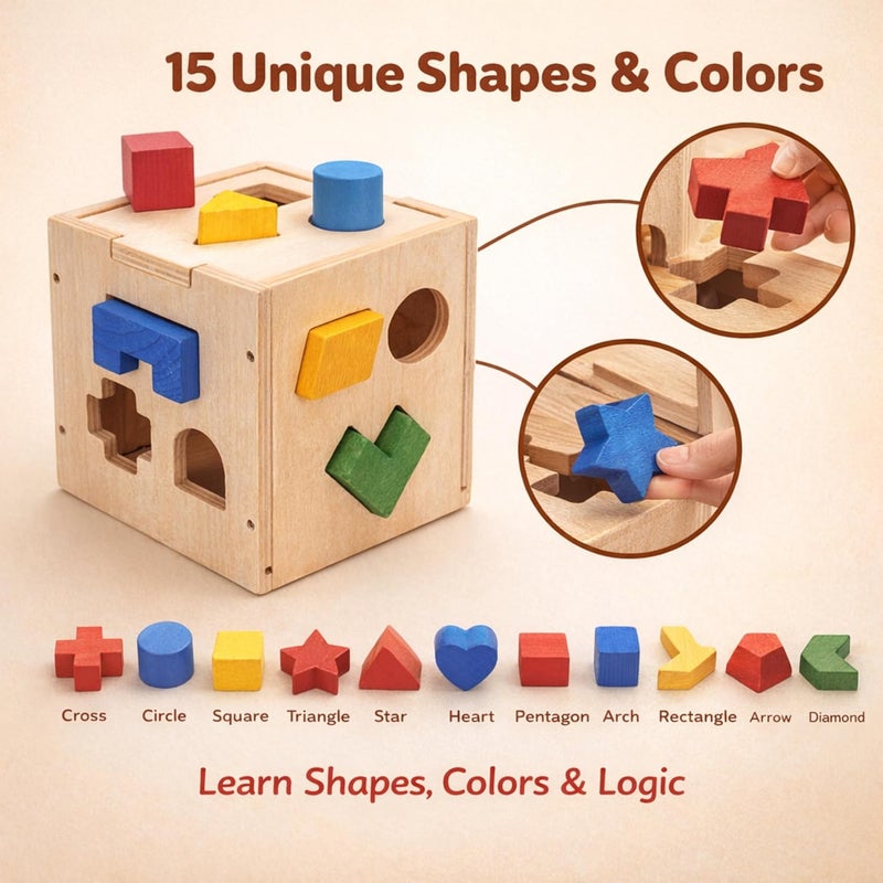 MAGIC VAULT Wooden Shape Sorter Cube – 15 Shapes Montessori Educational Toy for Toddlers 1-3 Years - Image 2