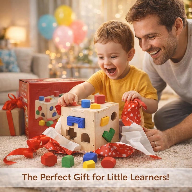MAGIC VAULT Wooden Shape Sorter Cube – 15 Shapes Montessori Educational Toy for Toddlers 1-3 Years - Image 5