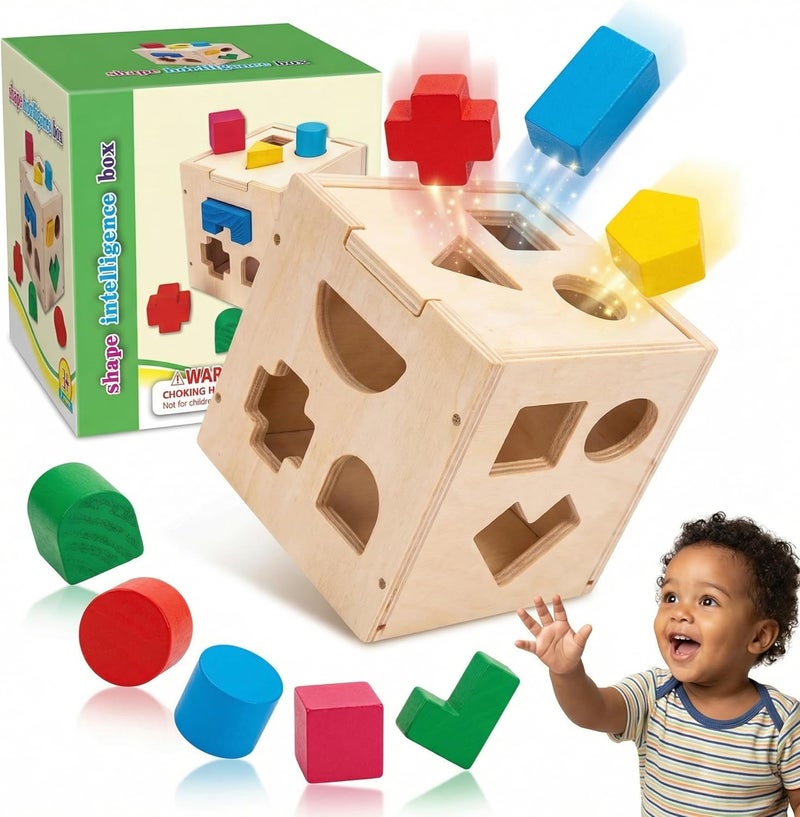 MAGIC VAULT Wooden Shape Sorter Cube – 15 Shapes Montessori Educational Toy for Toddlers 1-3 Years - Image 1