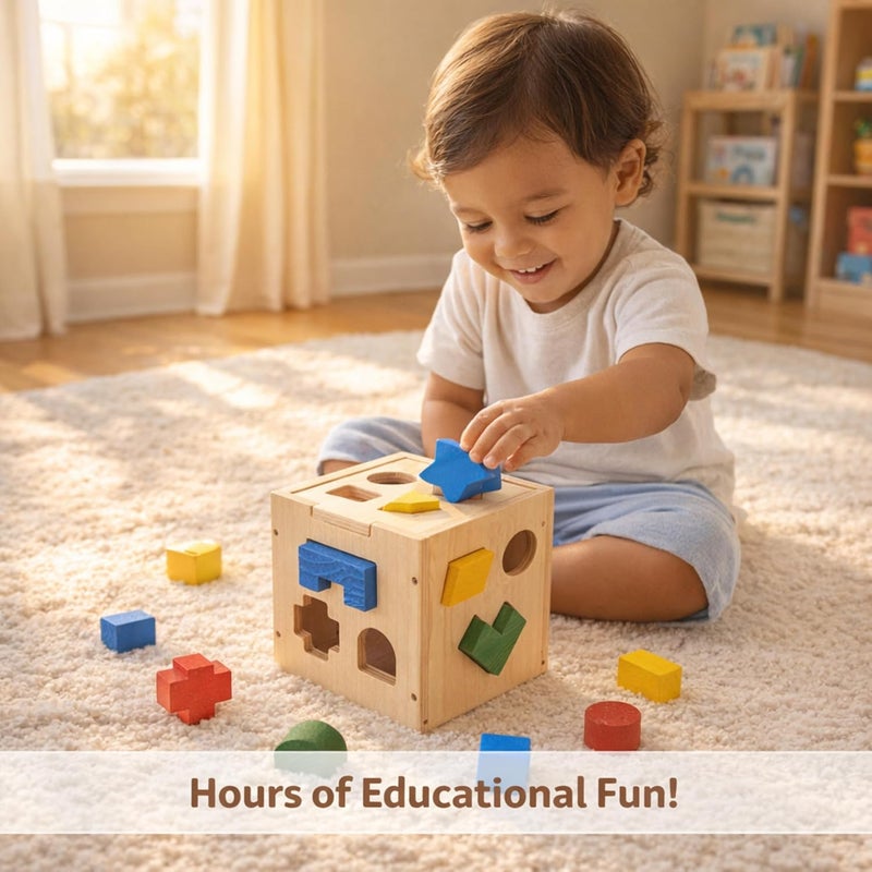 MAGIC VAULT Wooden Shape Sorter Cube – 15 Shapes Montessori Educational Toy for Toddlers 1-3 Years - Image 4
