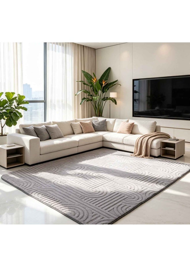 Flocking Rug,Gray Long-Haired Geometric Pattern Three-Dimensional Flocking Real Rug,And Living Room Carpet,French Creamy Style Solid Color Bedroom Rug,Washable And Erasable,Light Luxury High-End Sofa Blanket - Image 1