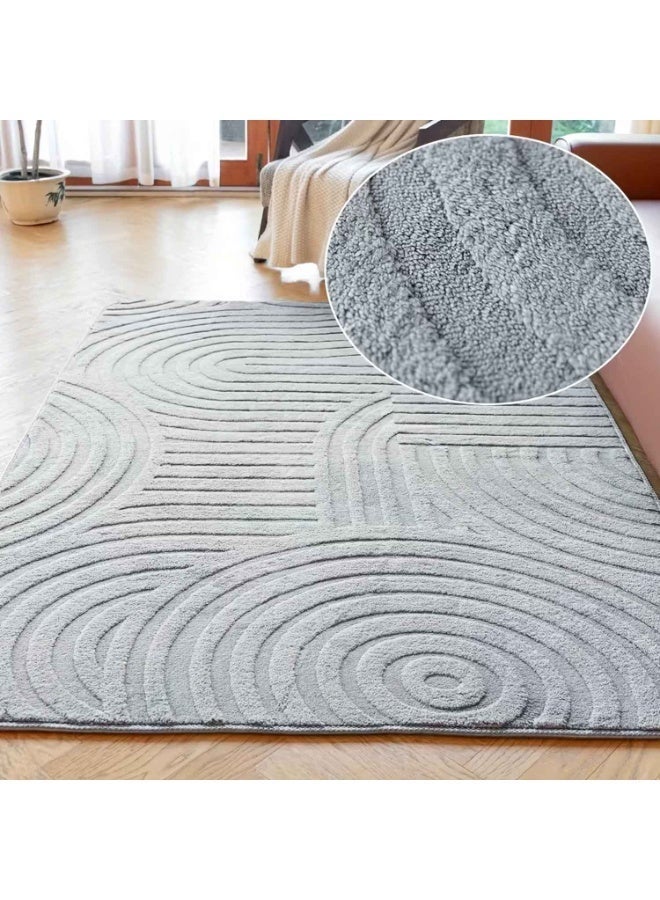 Flocking Rug,Gray Long-Haired Geometric Pattern Three-Dimensional Flocking Real Rug,And Living Room Carpet,French Creamy Style Solid Color Bedroom Rug,Washable And Erasable,Light Luxury High-End Sofa Blanket - Image 3