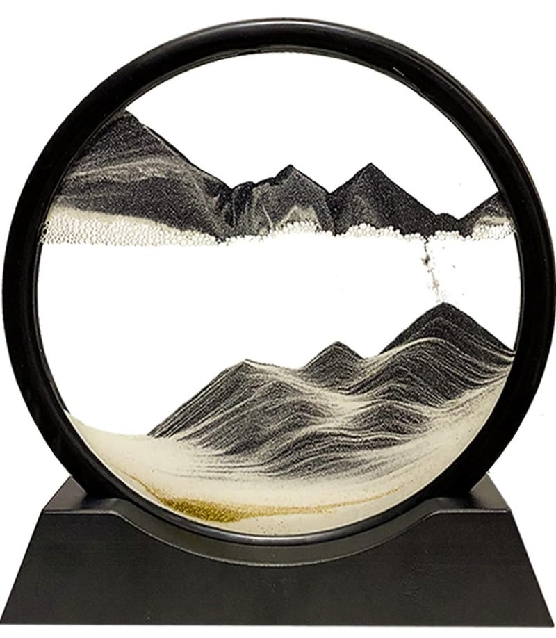 VRB Dec VRB DecTM 1 Pcs 7 inch Moving Sand Art Picture Decor 3D Deep Sea Sandscape Liquid Motion Round Glass Frame Display Flowing Sand Relaxing Gift for Kids Adults Home Office Work Desktop Black - Image 1