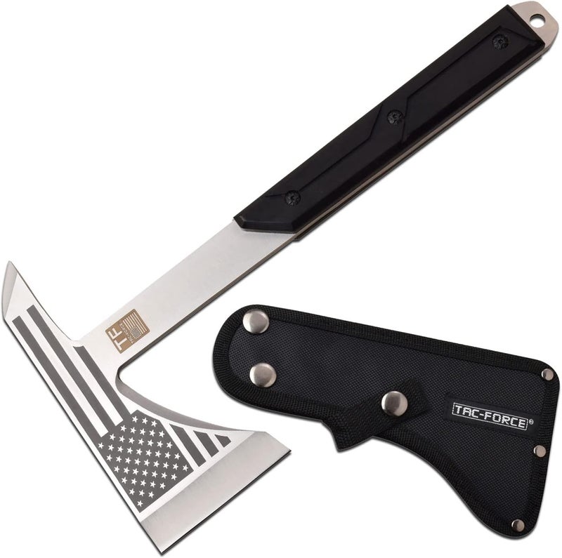 Tac-Force Tomahawk – Axe - Satin Finish Stainless Steel Blade w/Etched U.S.A. Flag, Black Wood Handle, Full Tang Construction, Includes Nylon Sheath, Tactical, EDC, Rescue - TF-AXE001S - Image 1