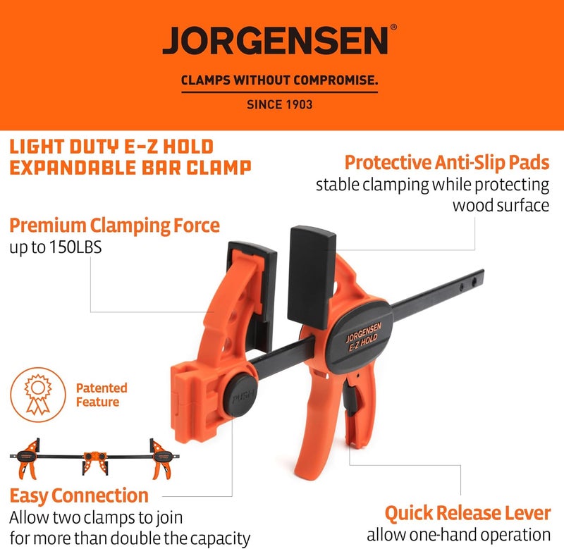 Jorgensen 6" Bar clamps for woodworking - 4-Pack, One-Hand Light Duty E-Z Hold Spreader Clamp, 150 lbs Capacity, Versatile and Easy-to-Use Design - Image 2