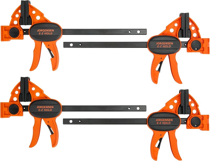 Jorgensen 6" Bar clamps for woodworking - 4-Pack, One-Hand Light Duty E-Z Hold Spreader Clamp, 150 lbs Capacity, Versatile and Easy-to-Use Design - Image 1