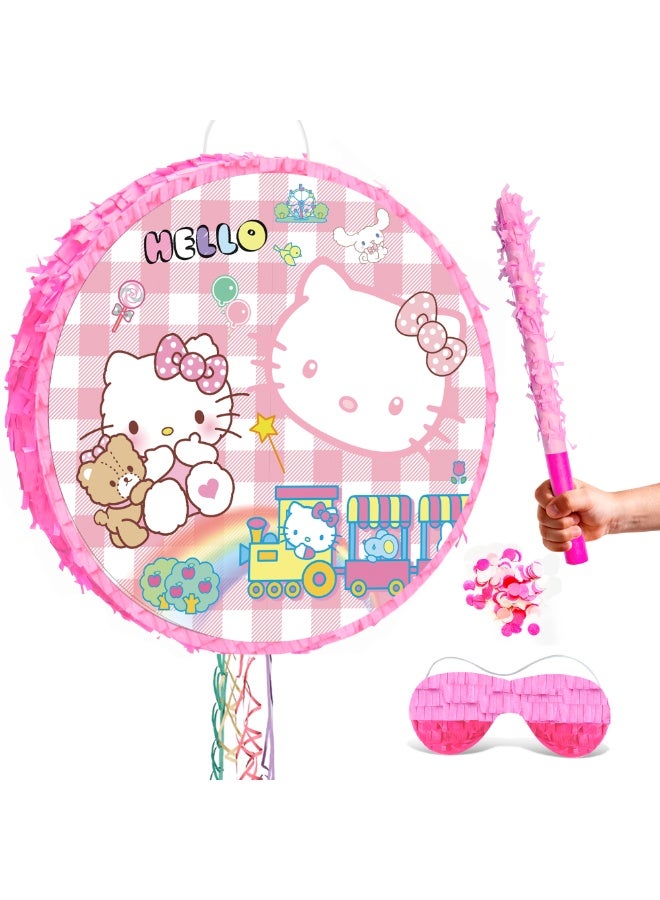 FRUITFUL PARTY Hello Kitty Round Pinata, Hello Kitty Party Pinata Bundle - Large Cute Kitty Pinata, Bow & Friendship Theme Party Game Decorations Party Stick etc Hello Kitty Pinata Birthday Party Supplies - Image 1