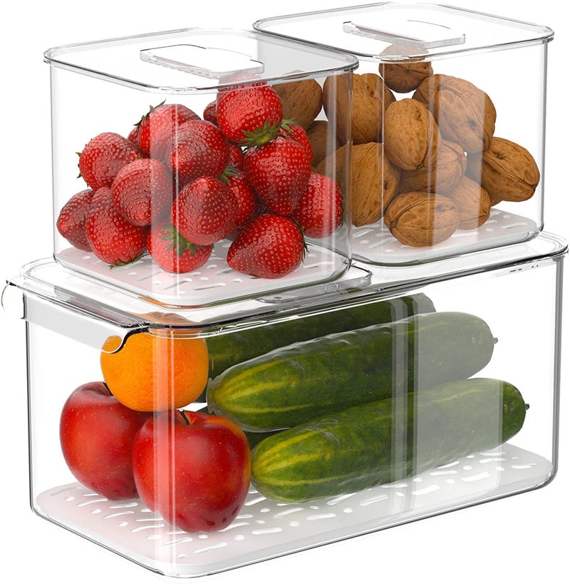 Slideep Food Storage Containers Produce Saver with Lids, Stackable Refrigerator Freezer Organizer Bins with Removable Drain Tray, Fridge Fresh Keeper for Veggie, Berry, Fruits, Vegetables 3 Pack - Image 1