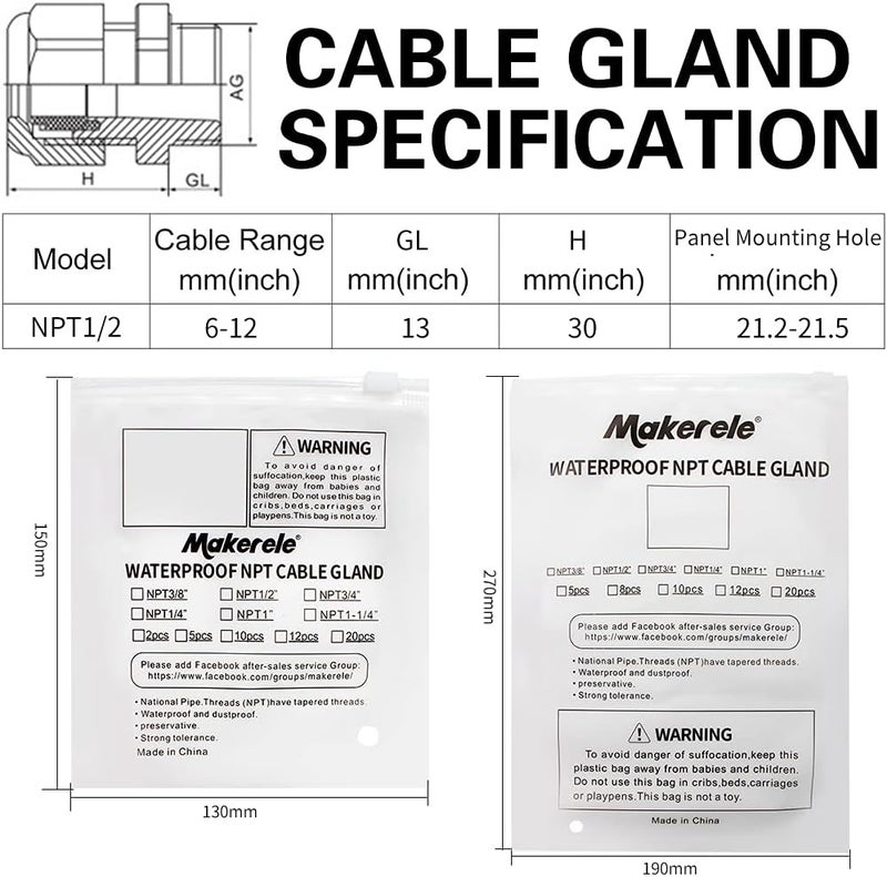 MAKERELE 1/2 NPT Nylon Cable Strain Relief, Waterproof IP68 6-12mm Cable Diameter with Gaskets(1/2 NPT, 20pcs) - Image 5