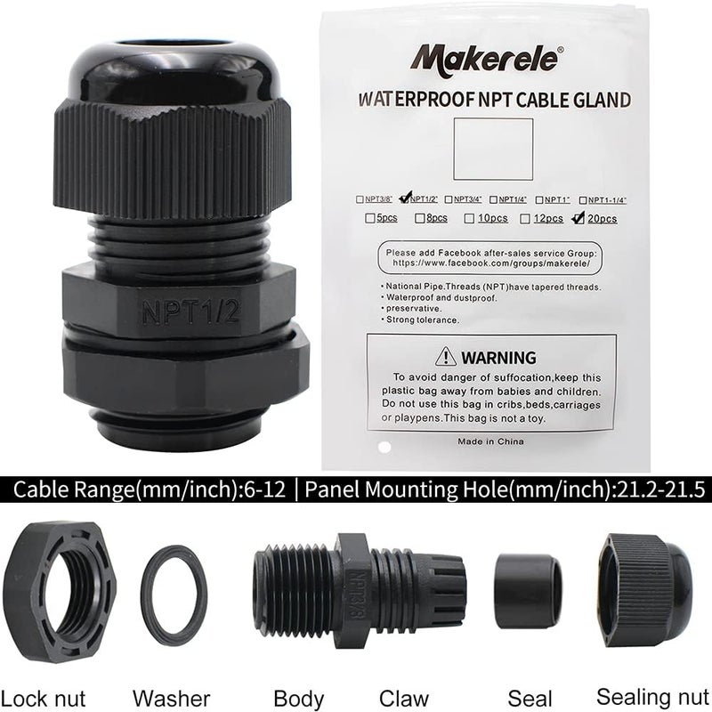 MAKERELE 1/2 NPT Nylon Cable Strain Relief, Waterproof IP68 6-12mm Cable Diameter with Gaskets(1/2 NPT, 20pcs) - Image 4