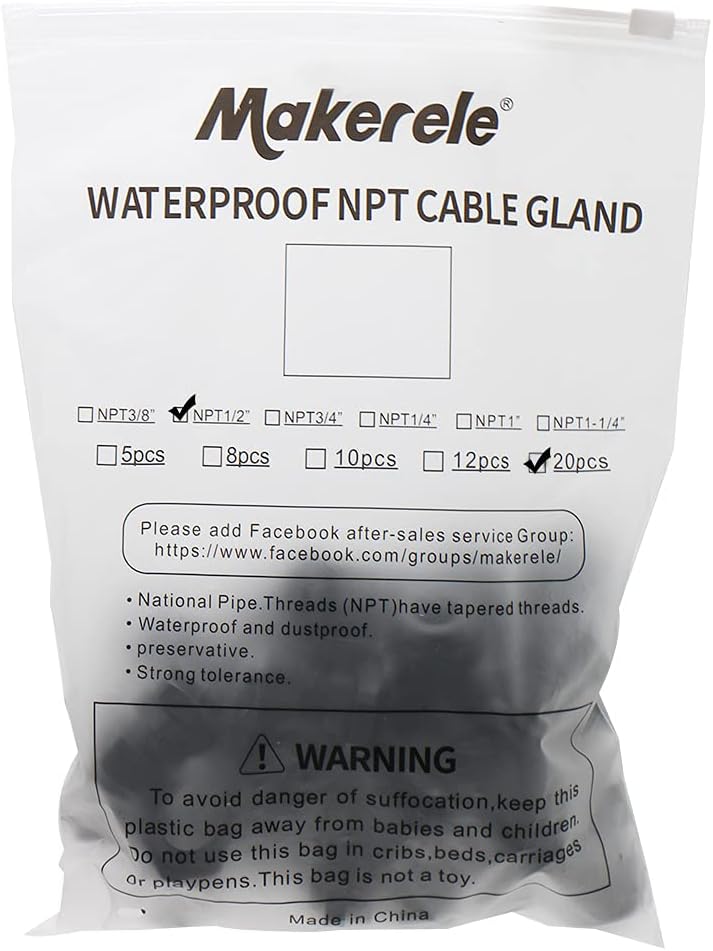 MAKERELE 1/2 NPT Nylon Cable Strain Relief, Waterproof IP68 6-12mm Cable Diameter with Gaskets(1/2 NPT, 20pcs) - Image 2
