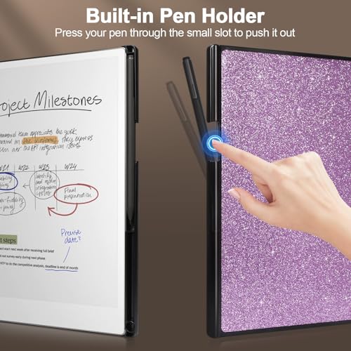 Caweet Stand Case for Remarkable Paper Pro 11.8 Inch 2024, Hard Back Shell Protective Auto Sleep/Wake Book Folio Cover with Pen Holder and Hand Strap, Glitter Purple - Image 3
