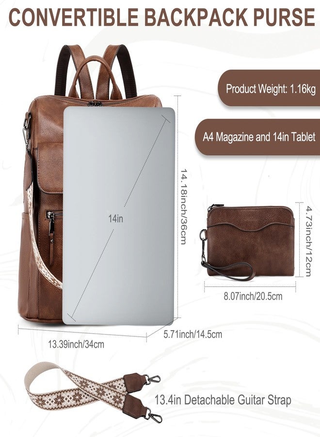 فاشي حقيبة ظهر VASCHY للنساء، حقيبة ظهر كبيرة من الجلد النباتي مع جيب للمحفظة، حقيبة يد قابلة للتحويل للسيدات، حزام جيتار، بني - Image 2
