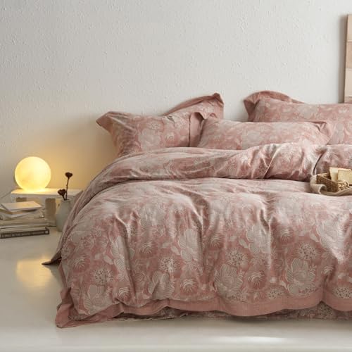 mixinni Duvet Cover Queen Premium Cotton DoubleLayer Yarn Pink Floral Jacquard Comforter Cover with Edge Design Farmhouse Bedding Set with 2 Pillowcases Perfect for Him and HerQueen Size - Image 1